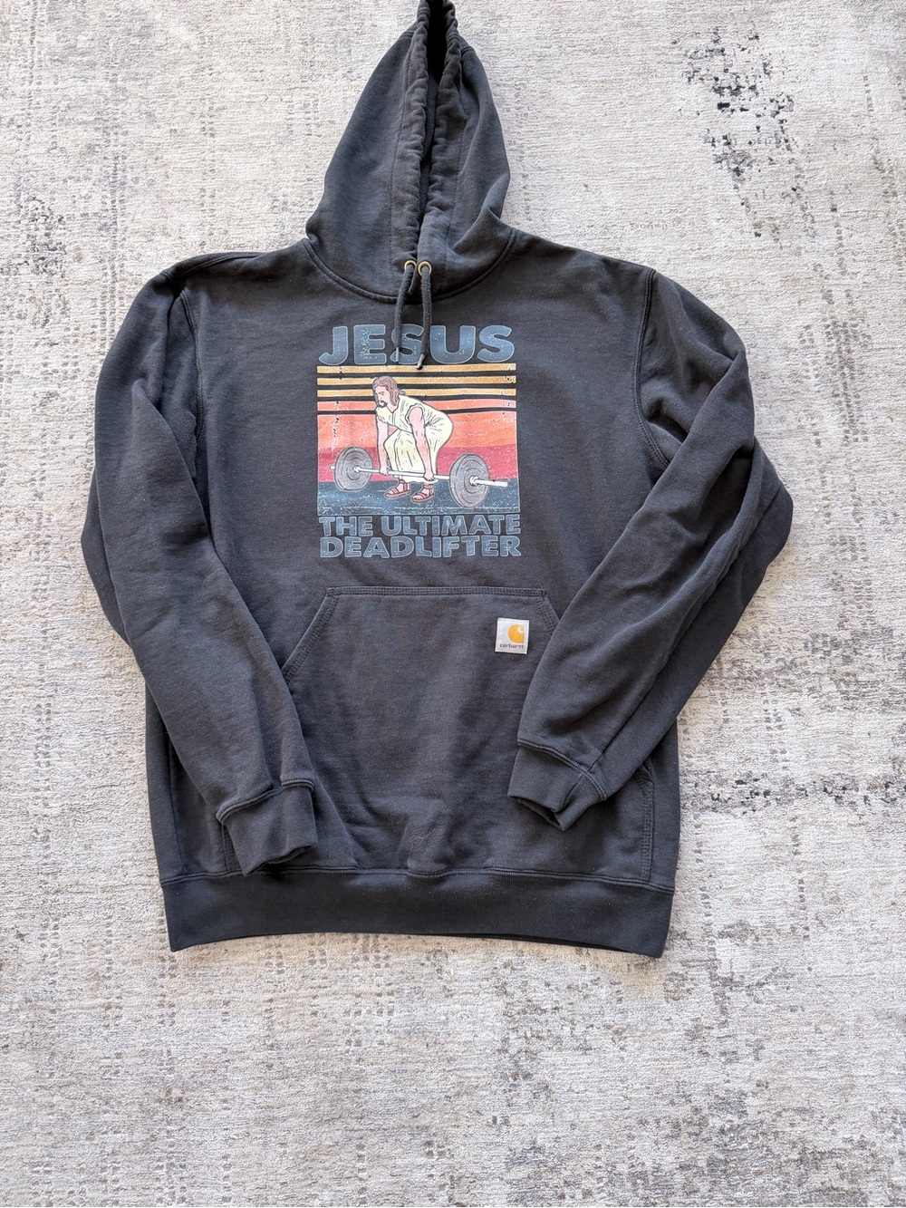 Carhartt Charcoal Hoodie with Retro 'Jesus The Ultimate Deadlifter' Graphic